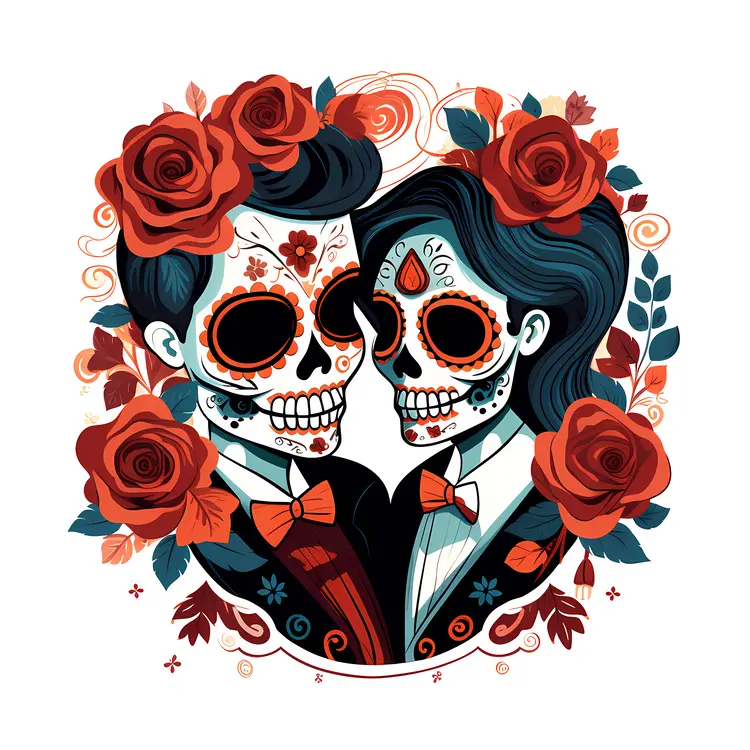 Colorful Sugar Skull Couple with Roses