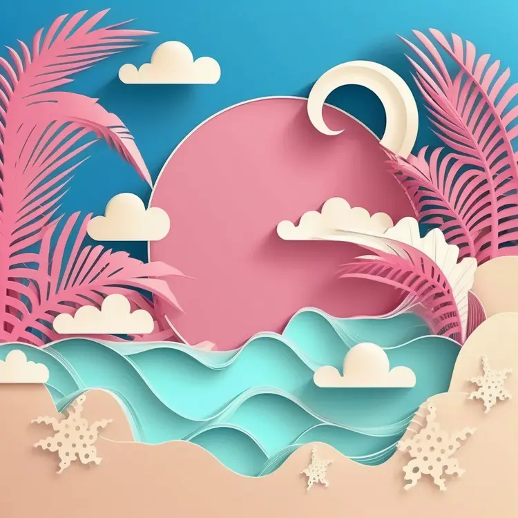 Tropical Beach Scene in Paper Art Style