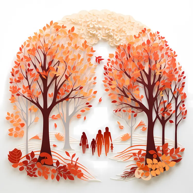 Family Strolling in Autumn Forest