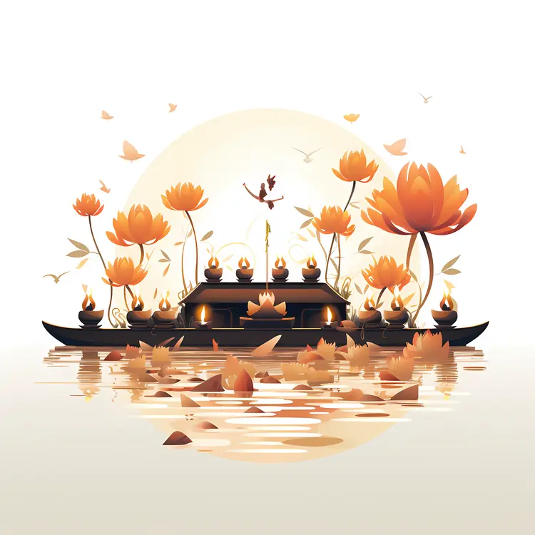 Serene Boat with Lotus and Candles