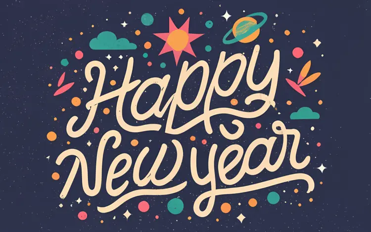 Happy New Year Card with Stars and Planets