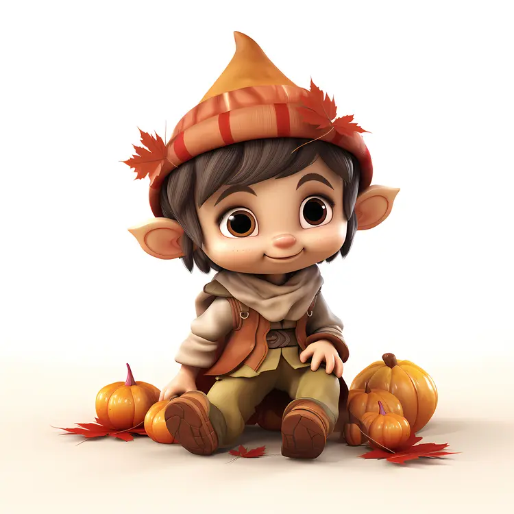 Cute Elf with Pumpkins and Autumn Leaves