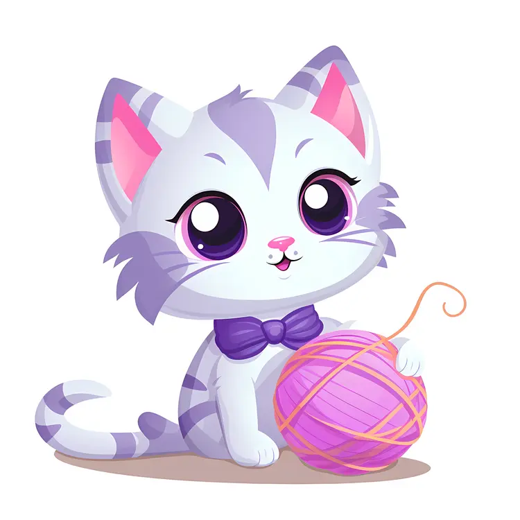 Cute Cartoon Cat with Yarn Ball