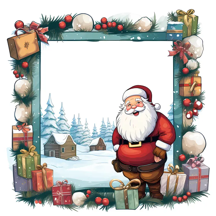 Santa Claus with Christmas Gifts in Snowy Village