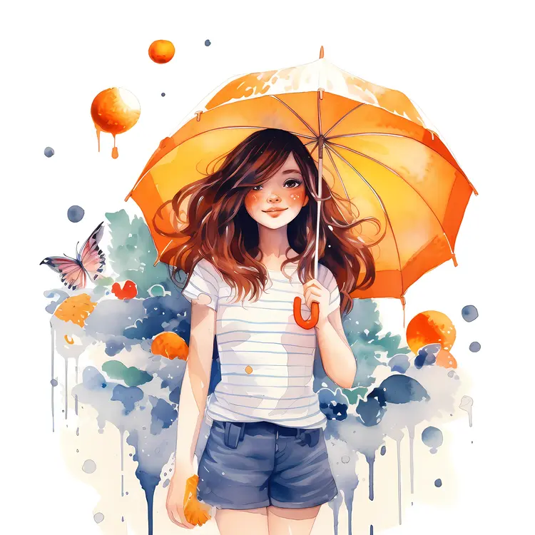 Girl with Orange Umbrella in Watercolor Style