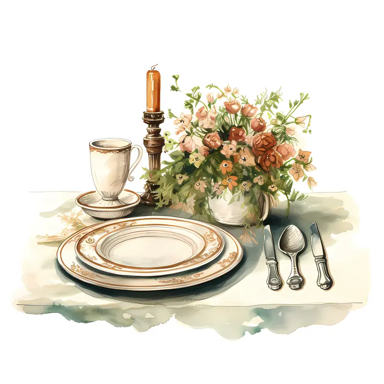 Simple Table Setting with Candle and Flowers