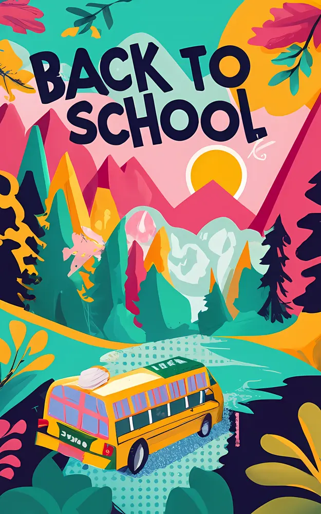 Back to School Poster with School Bus and Mountain Path
