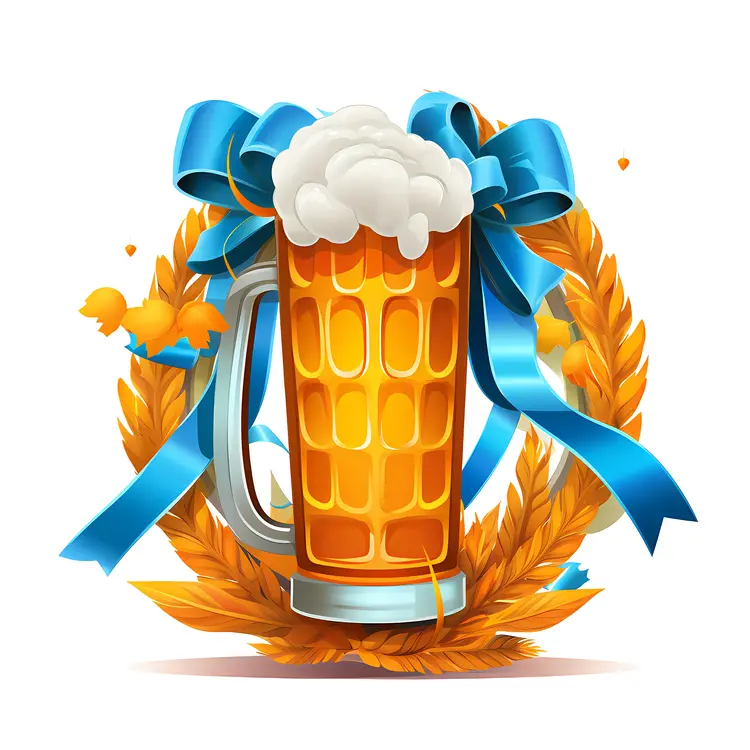Festive Beer Mug with Blue Ribbon for Oktoberfest Celebration