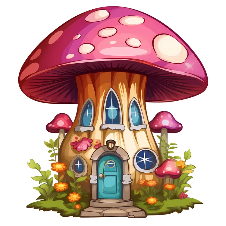 Whimsical Mushroom House with Blue Door