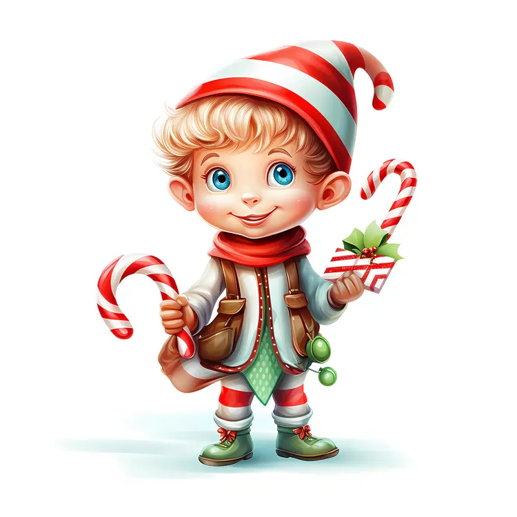 Elf Holding Candy Canes and a Gift