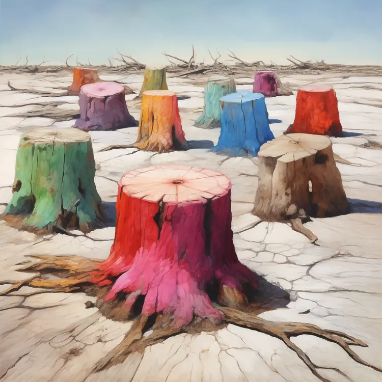 Colorful Tree Stumps in a Dry Landscape