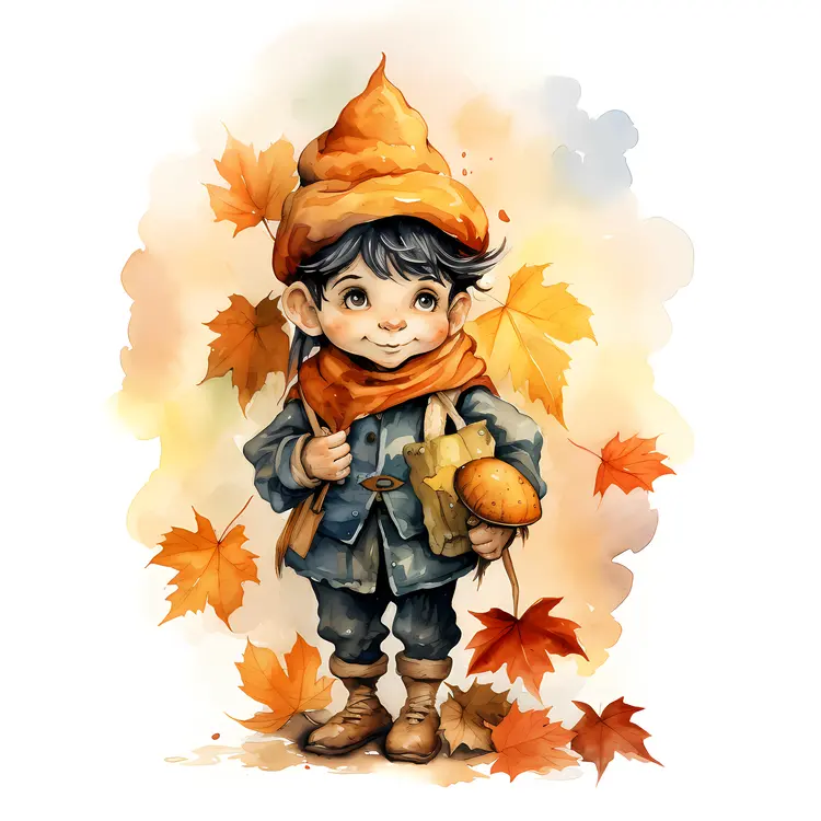 Elf Holding Mushroom with Autumn Leaves