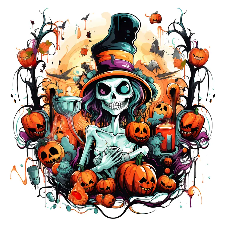 Skeleton with Pumpkins and Halloween Decorations