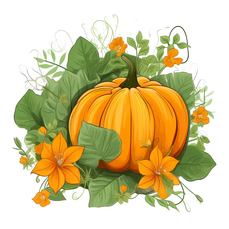 Pumpkin with Leaves and Flowers