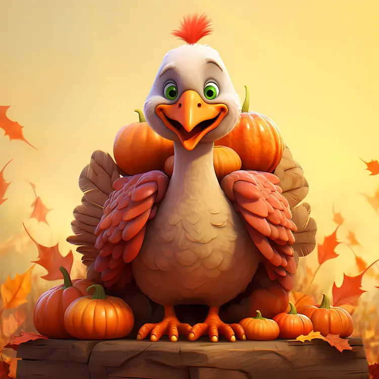 Cartoon Turkey with Pumpkins for Thanksgiving
