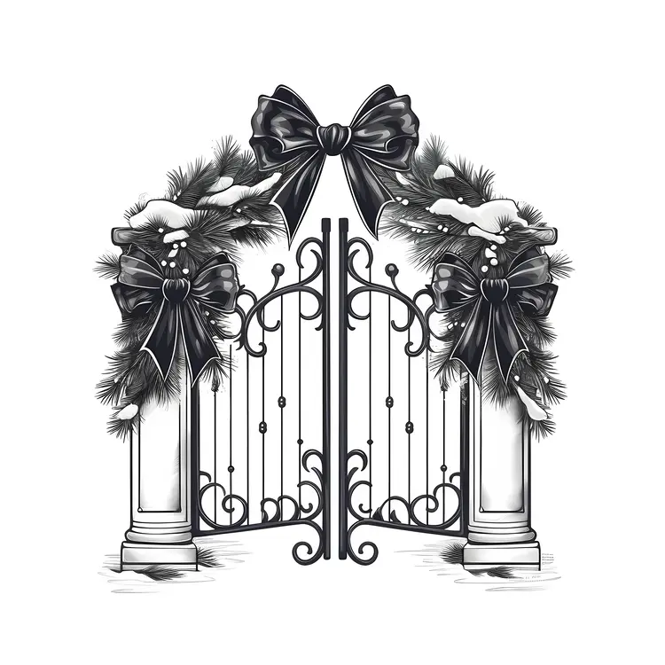 Gate with Christmas Garland and Black Bows