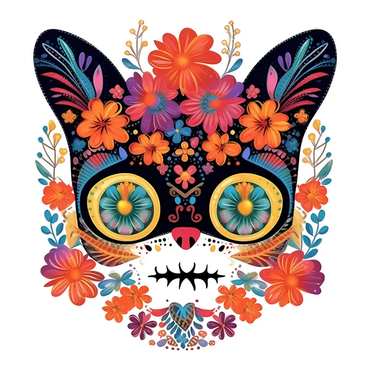 Colorful Floral Cat Face for Day of the Dead Celebration