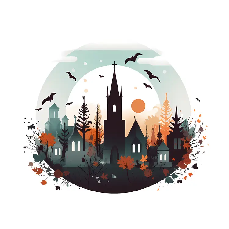 Spooky Village with Churches and Bats for Halloween