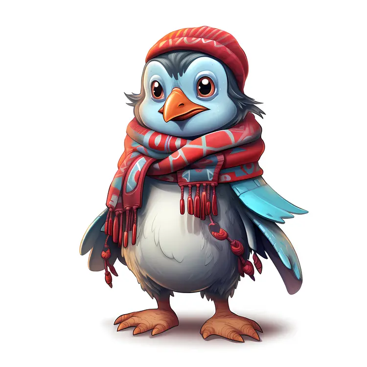 Adorable Penguin with Red and Blue Scarf