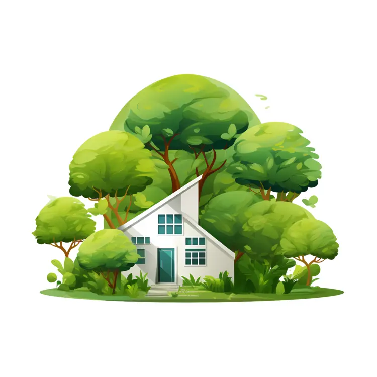 Small cute doodle house surrounded by trees