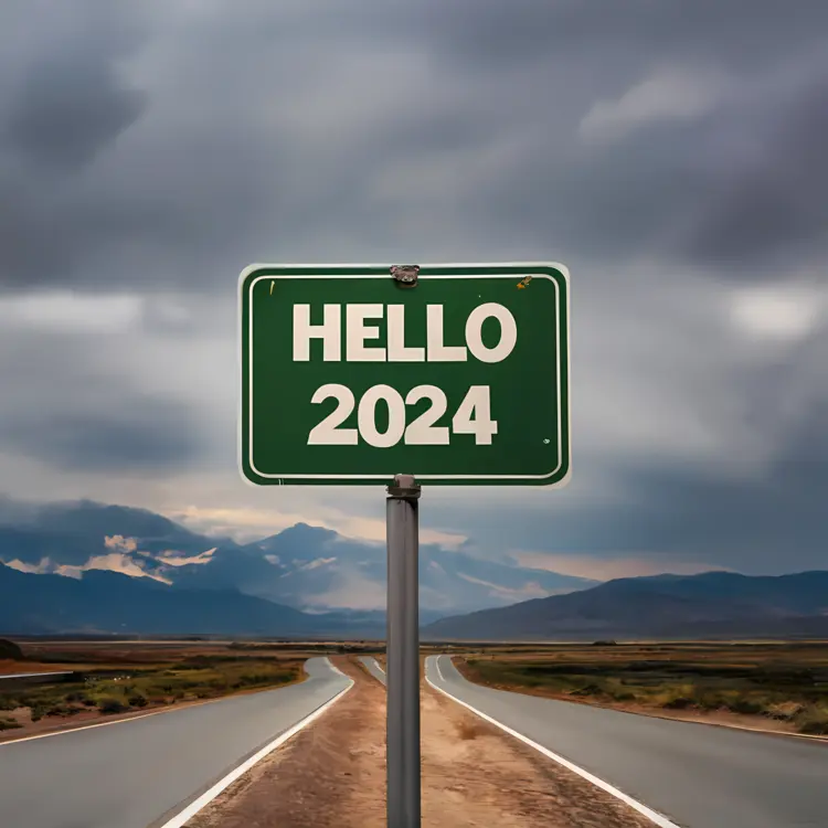 Road Sign Greeting Hello 2024 with Mountain Background
