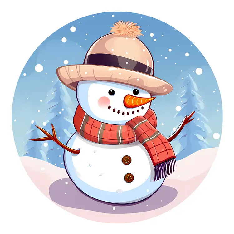 Cute Snowman with Scarf and Hat in Winter Scene