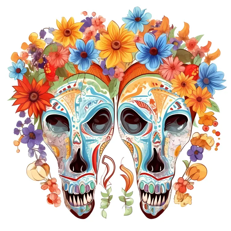 Colorful Sugar Skulls with Floral Decoration for Day of the Dead