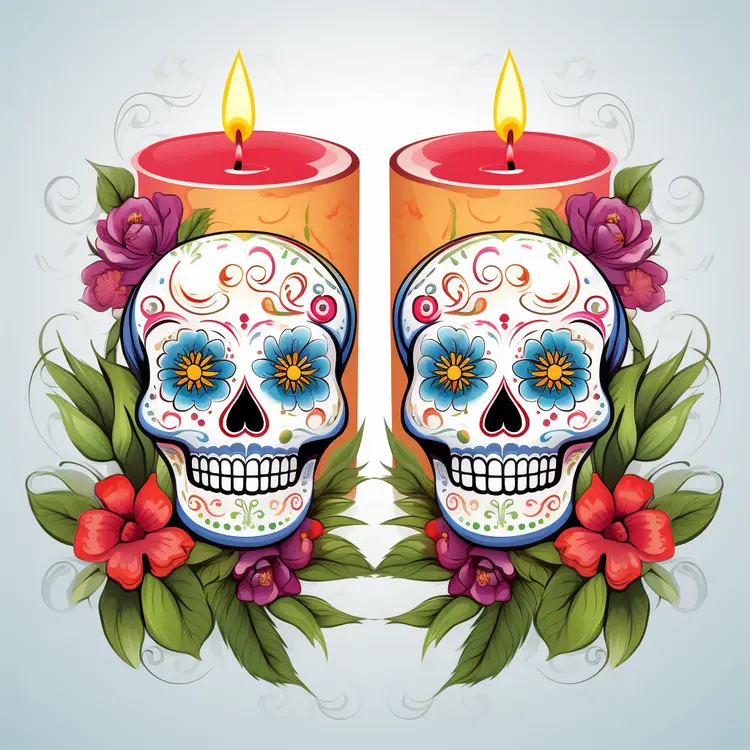 Colorful Sugar Skulls with Candles and Flowers for Day of the Dead Celebration