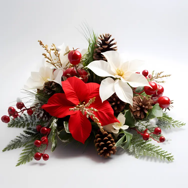 Festive Red and White Floral Arrangement with Pinecones and Berries