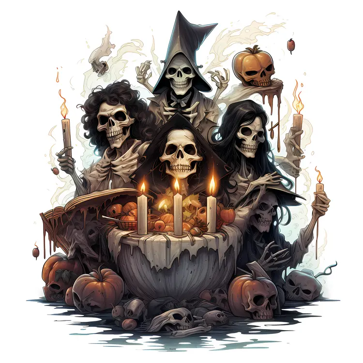 Skeletons with Candles and Pumpkins