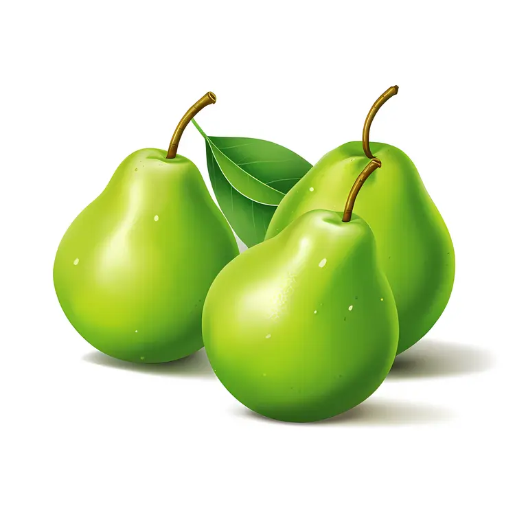 Three Green Pears with Leaf