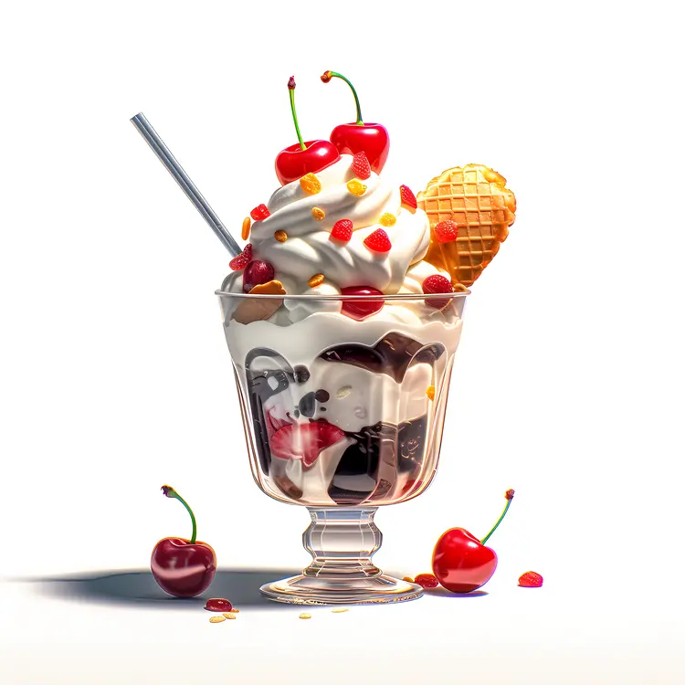 Delicious Ice Cream Sundae with Cherries and Waffle Cone
