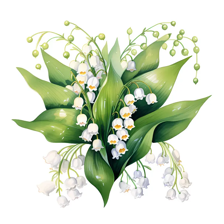 Lily of the Valley Cluster with Green Leaves