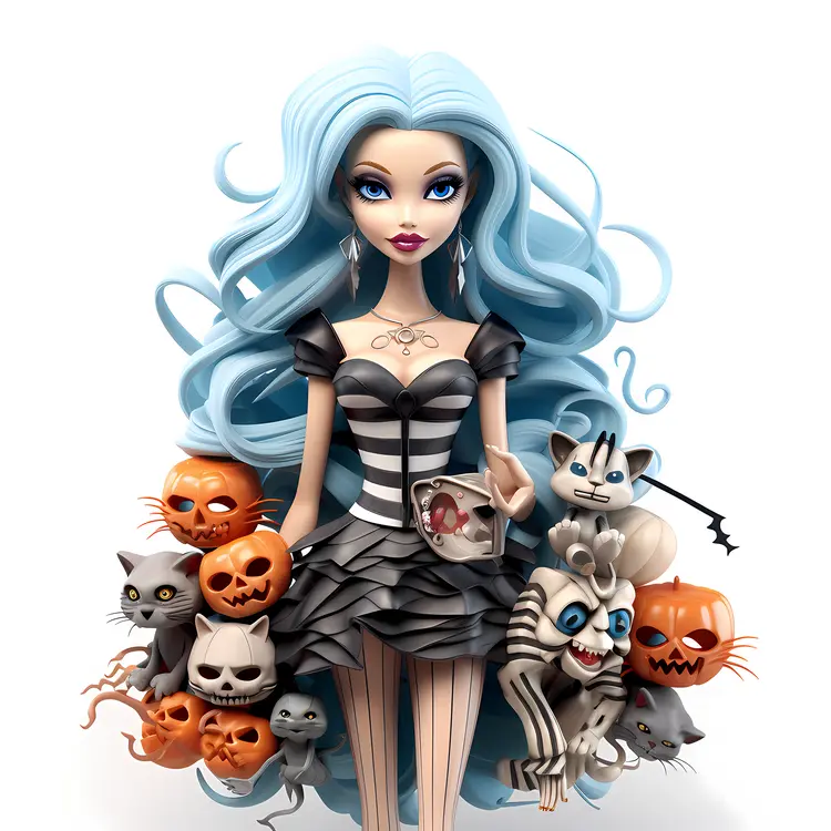 Blue-haired Halloween Girl with Pumpkins and Cats