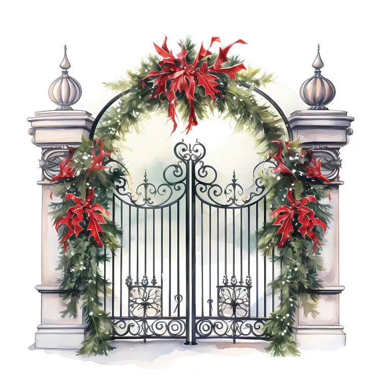 Gate Adorned with Christmas Garland and Red Bows