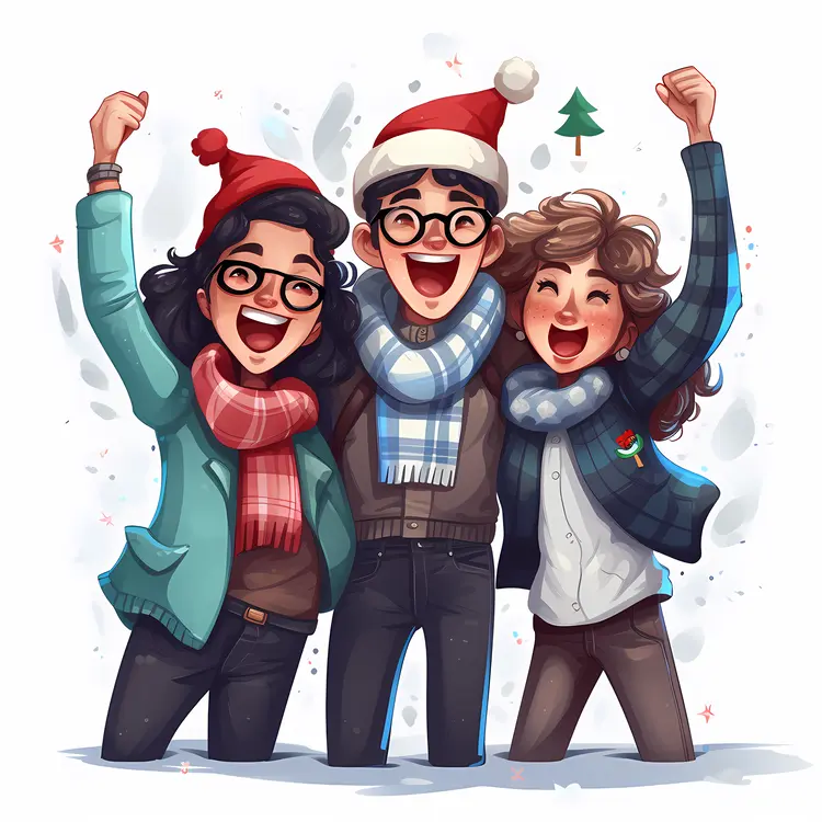 Three People in Winter Clothes Celebrating Christmas