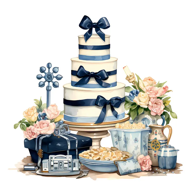 Elegant Birthday Cake with Blue Ribbons and Flowers