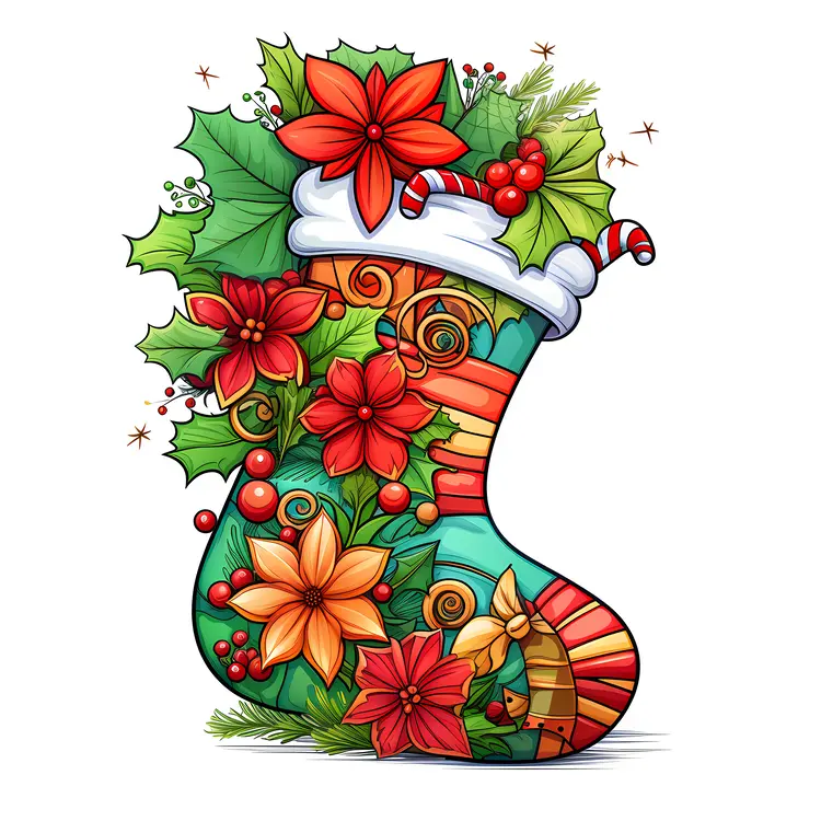 Colorful Christmas Stocking with Flowers and Candy Cane