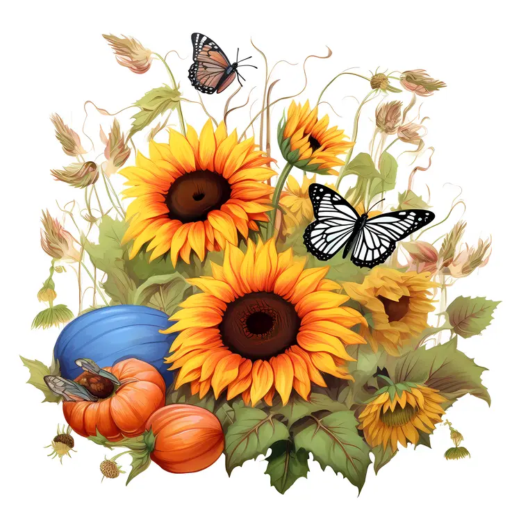 Sunflowers with Butterflies and Pumpkins