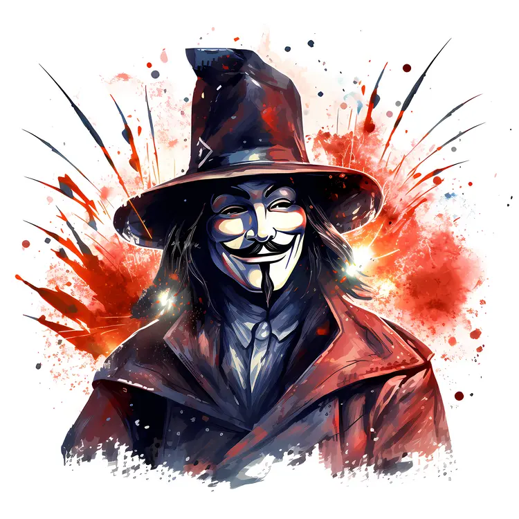 Guy Fawkes Mask with Top Hat and Fireworks