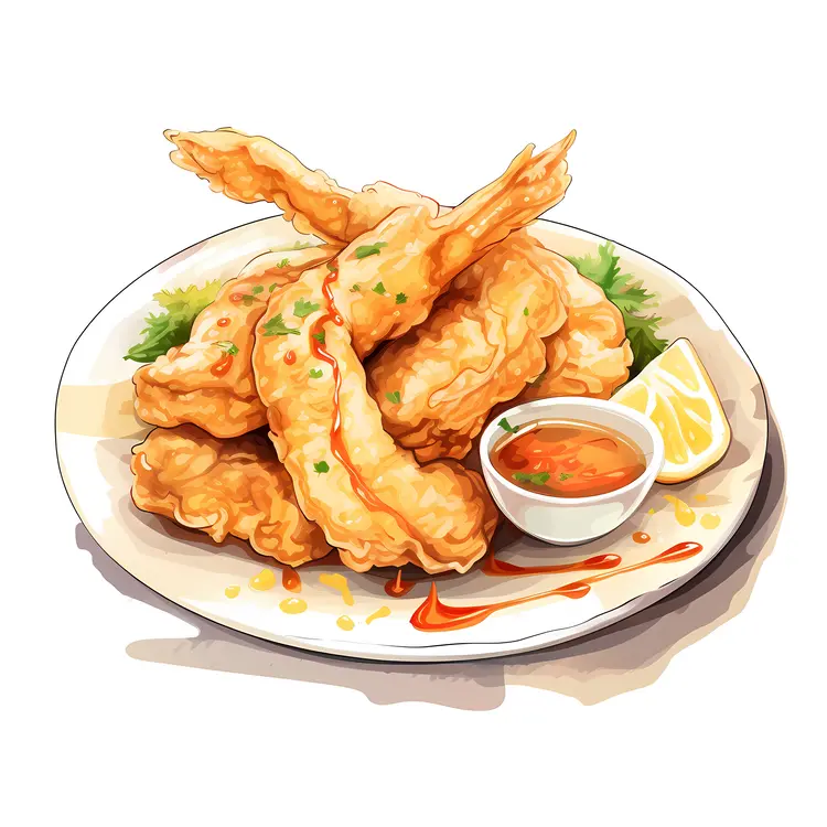 Golden Fried Shrimp with Lemon and Dipping Sauce