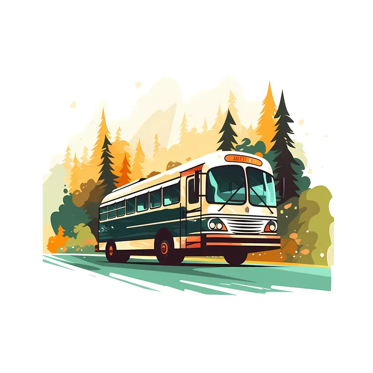 Green and White Bus on a Forest Road
