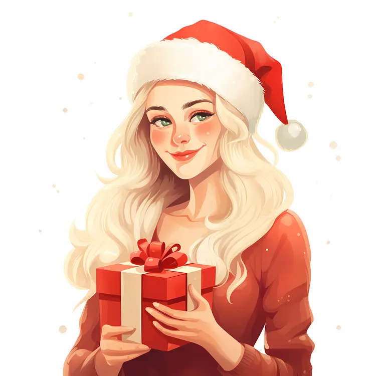 Blonde Girl with Gift Box in Santa Hat