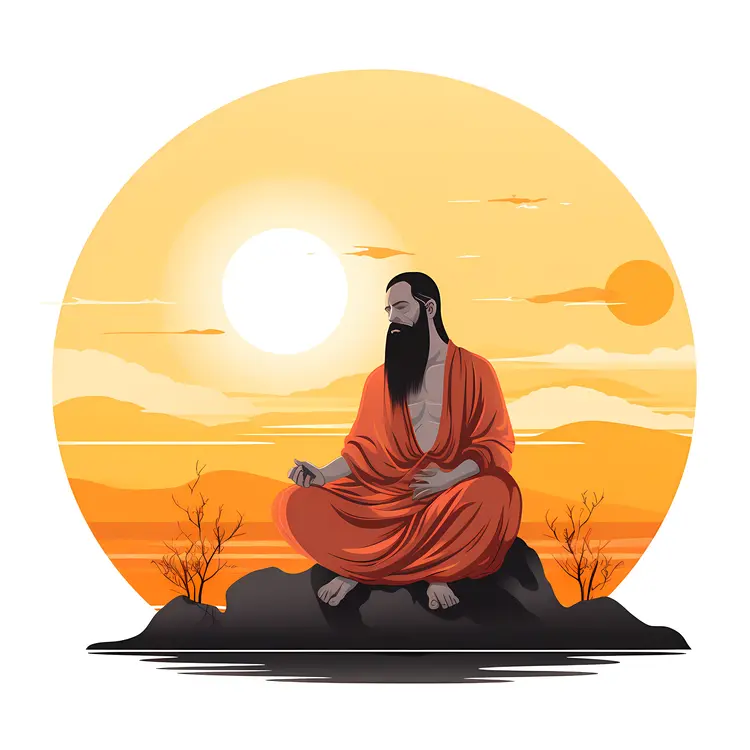 Meditating Monk at Sunset in Orange Robe