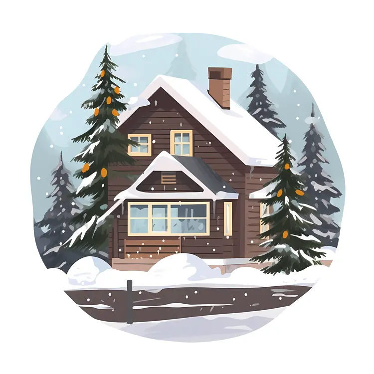 Rustic Snowy Cabin with Pine Trees