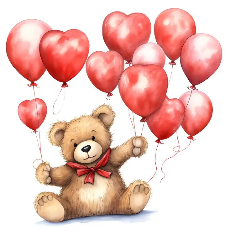 Teddy Bear with Many Heart Balloons