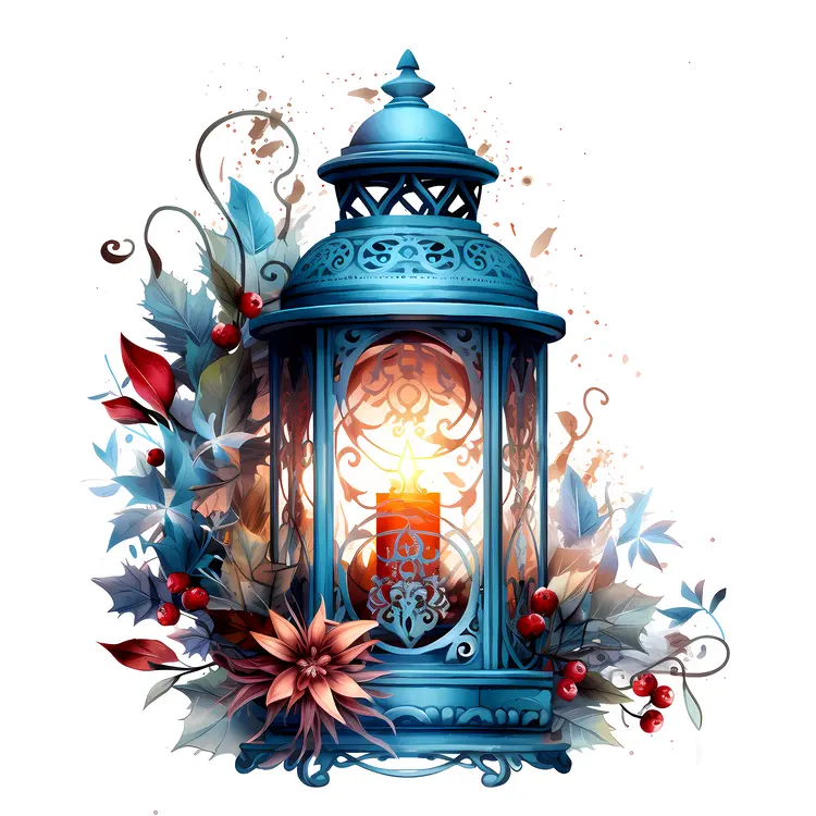 Blue Lantern with Candle and Floral Decorations