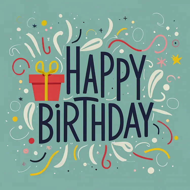 Happy Birthday Text with Gift and Confetti
