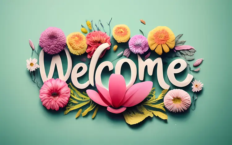 Welcome Text with Vibrant Flowers and Leaves