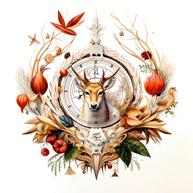 Deer with Clock and Autumn Leaves